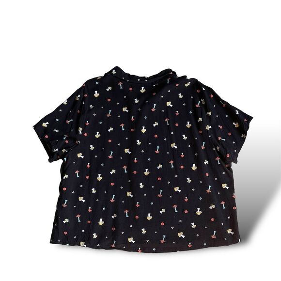 Retro Hippie Floral Mushroom Button-Up Shirt Teens Size 19 Black - Picture 2 of 5